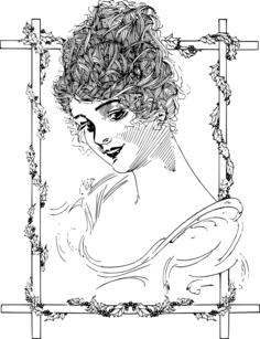 Vector drawing of beautiful woman behind wooden frame