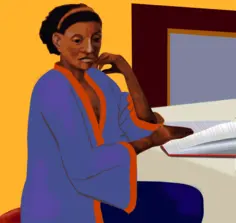 Afro-American lady reading a book at a table vector clip art