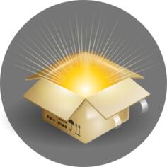 Vector illustration of cardboard box with rays of light coming out
