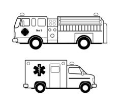Ambulance and fire truck line art vector image