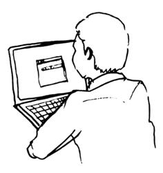 Freehand vector drawing of man at computer