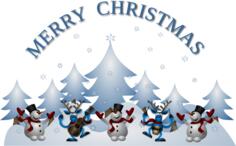 Snowman and dancing raindeer with guitar Merry Christmas greeting card vector illustration