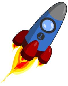 Blue and red rocket with engines ignited vector graphics