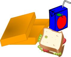 Vector image of orange lunch box with sandwich and juice