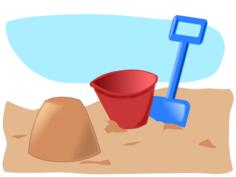 Vector drawing of sandcastle with bucket and spade