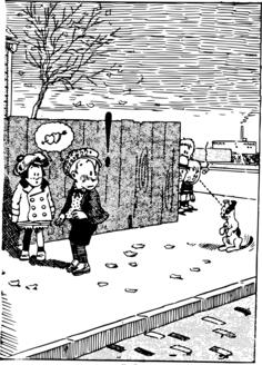 Vector drawing of boy and girl on a date interrupted by dog