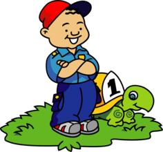 Vector clip art of boy and turtle about to race