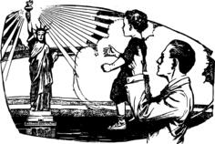Vector drawing of kid enjoying Statue of Liberty