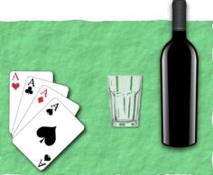 Vector illustration of four playing cards, a glass and bottle of wine