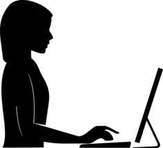 Female silhouette with extended arm at computer vector drawing