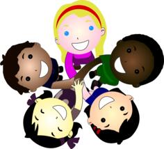 Five kids joining hands together vector illustration