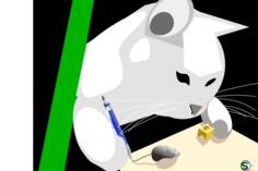 Vector drawing of cat playing with mouse and cheese