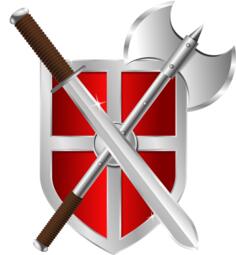 Vector drawing of sword, battleaxe and shield