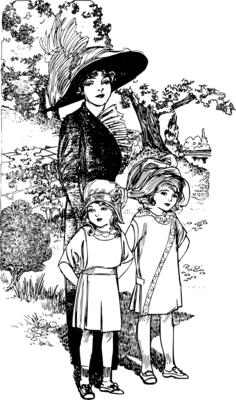 Lady with two kids vector drawing