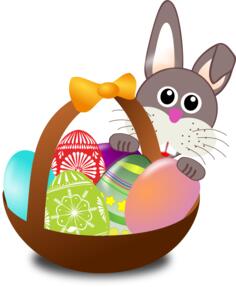 Bunny behind Easter eggs basket vector illustration