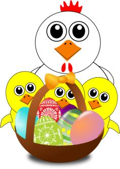Chicken and chicks behind Easter eggs basket vector illustration