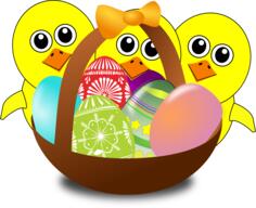 Cartoon chicks with Easter eggs in a basket vector image