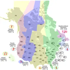 Vector map of USA and Canada time zones