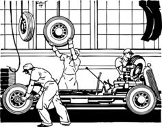 Car factory fastening the wheels